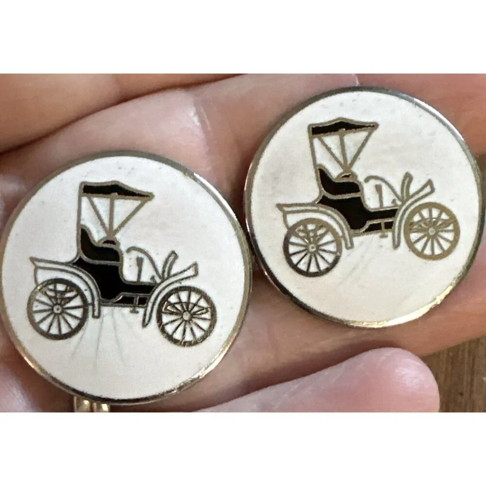 Vintage Enamel 1904 Ford Model A Car Cufflinks Pair‎ Round White Gold